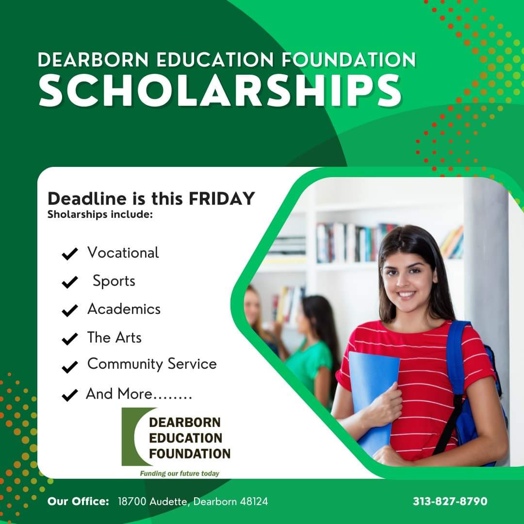 This Friday is the last day to get those scholarship applications in.  These are the easiest scholarship applications you will ever fill out.  Don't leave FREE money on the table Seniors. 

Apply Here:  dearbornedfoundation.org/category/schol…