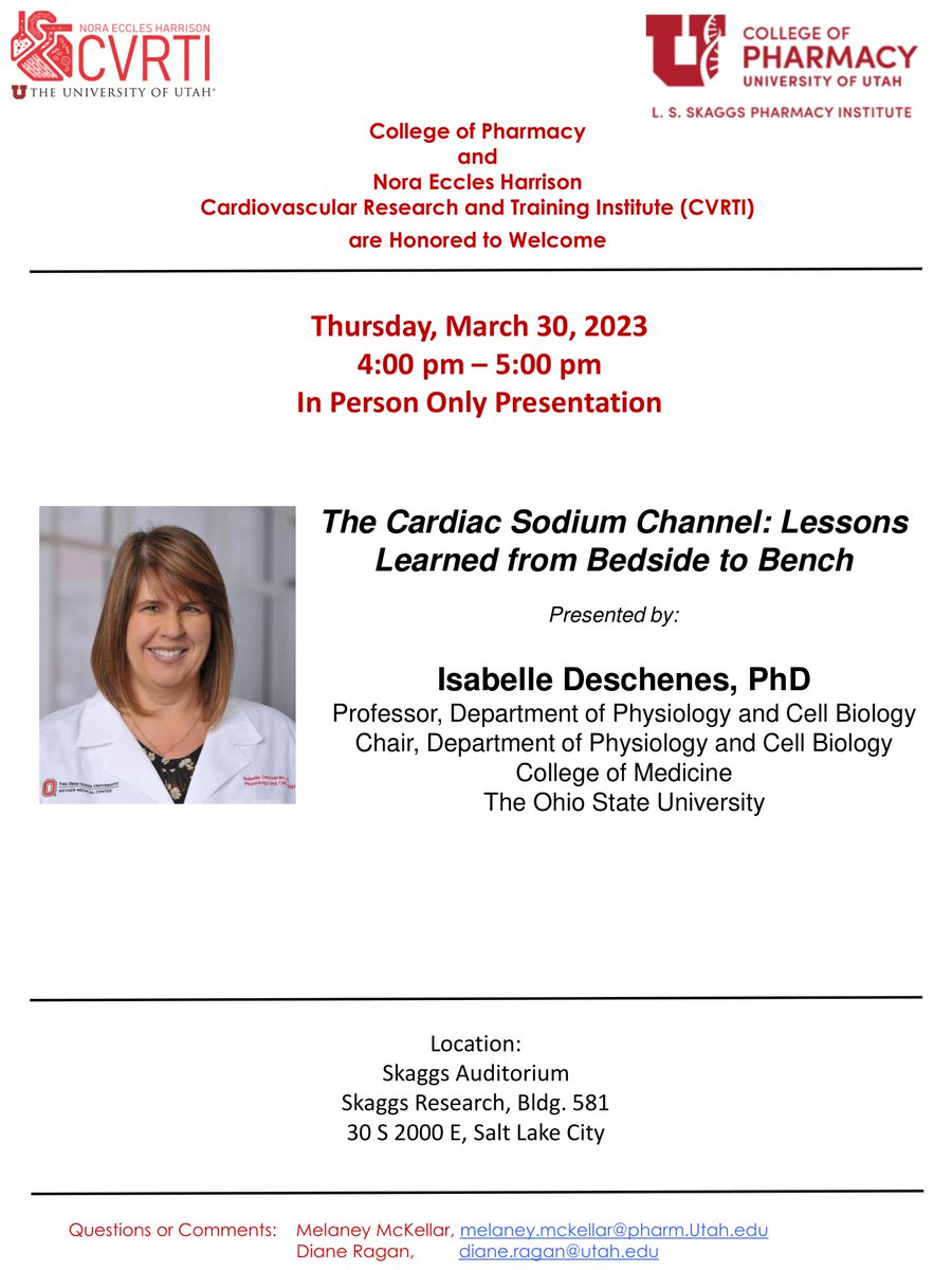 🚨 Attention #cardiology lovers 🚨
You won't want to miss Dr. Deschenes' presentation on the cardiac sodium channel. Check out the flyer for more details! ⬇️

#hearthealth #cardiovascular #research #cardiovascularresearch #cardiovascularhealth #heartdisease #utah #seminar