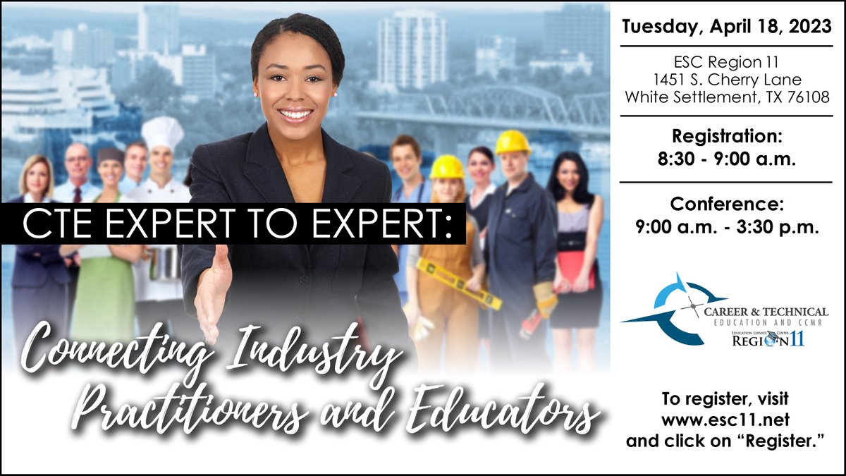 Teachers, administrators, and counselors — join <a href="/ESC11CTE/">ESC11CTE</a> in connecting your classroom to industry needs and labor market information, building strong industry partnerships, engaging industry in rural communities, and more! 

April 18 • 9:00-3:30 p.m. 
registration.esc11.net/catalog/sessio…