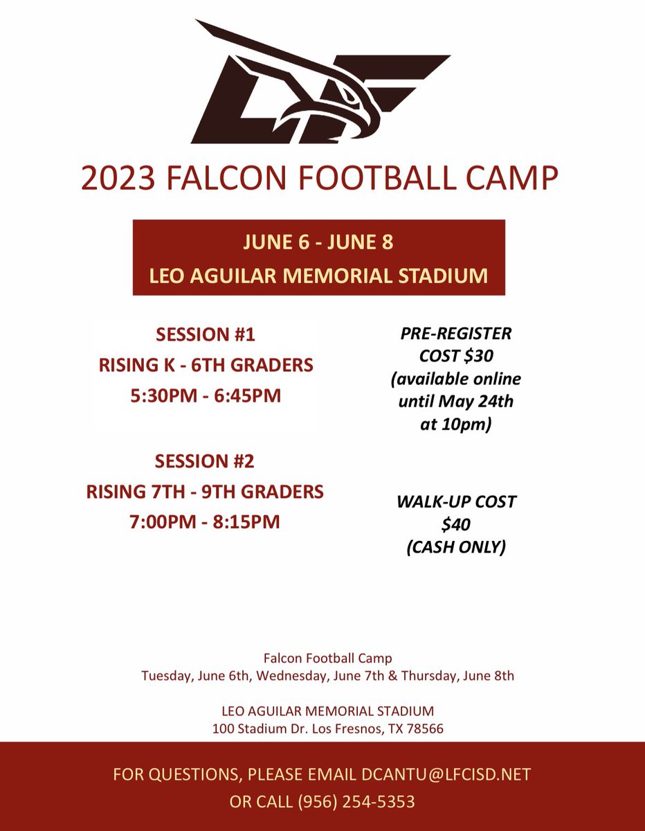 LosFresnosFB's tweet photo. 🚨 MARK YOUR CALENDARS 🚨 

Secure your spot for the 2023 Falcon Football Camp! 

For our Camp T-Shirt, you must register by May 24th. 

GO FALCONS GO!! https://t.co/hgiwbsyz8a