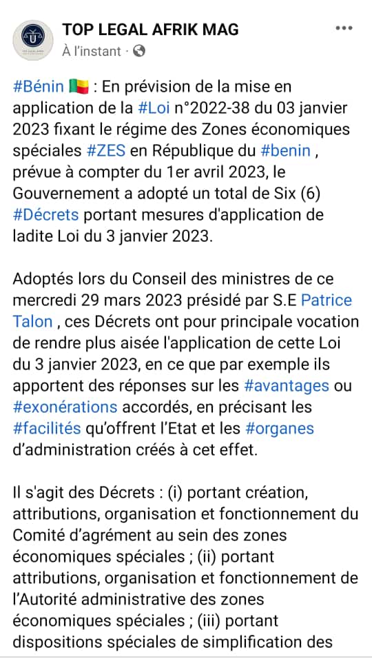 LegalMag's tweet photo. #Bénin ��🇯 : En prévision de la mise en application de la #Loi n°2022-38 du 03 janvier 2023 fixant le régime des Zones économiques spéciales #ZES, prévue à compter du 1er avril 2023, le Gouvernement a adopté un total de Six (6) Décrets portant mesures d'application de ladite Loi. https://t.co/KBDWKjD9aO