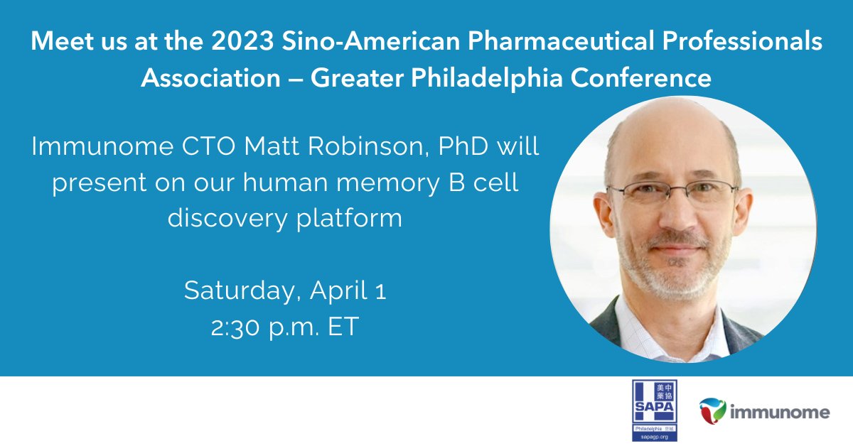 Our CTO Matt Robinson, Ph.D. will join colleagues in #biotech and #pharma in presenting at the 2023 <a href="/SAPAGP/">SAPA-GP</a> Conference on Saturday, April 1. Matt will introduce our human #MemoryBCell platform and how it can support #drugdevelopment. More here: bit.ly/3FZklQZ $IMNM