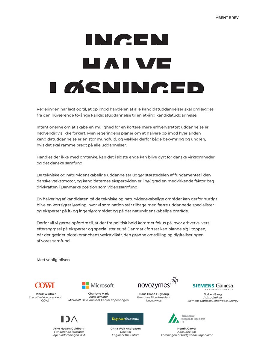 AnGuldberg's tweet image. Efter oppositionens stærke nej har alle medlemmer af Folketinget netop modtaget dette brev medunderskrevet af store, dygtige virksomheder.

Sammen advarer vi (også) mod halve løsninger! International konkurrence kræver de bedst muligt uddannede til Danmark #uddpol #dkbiz #dkpol