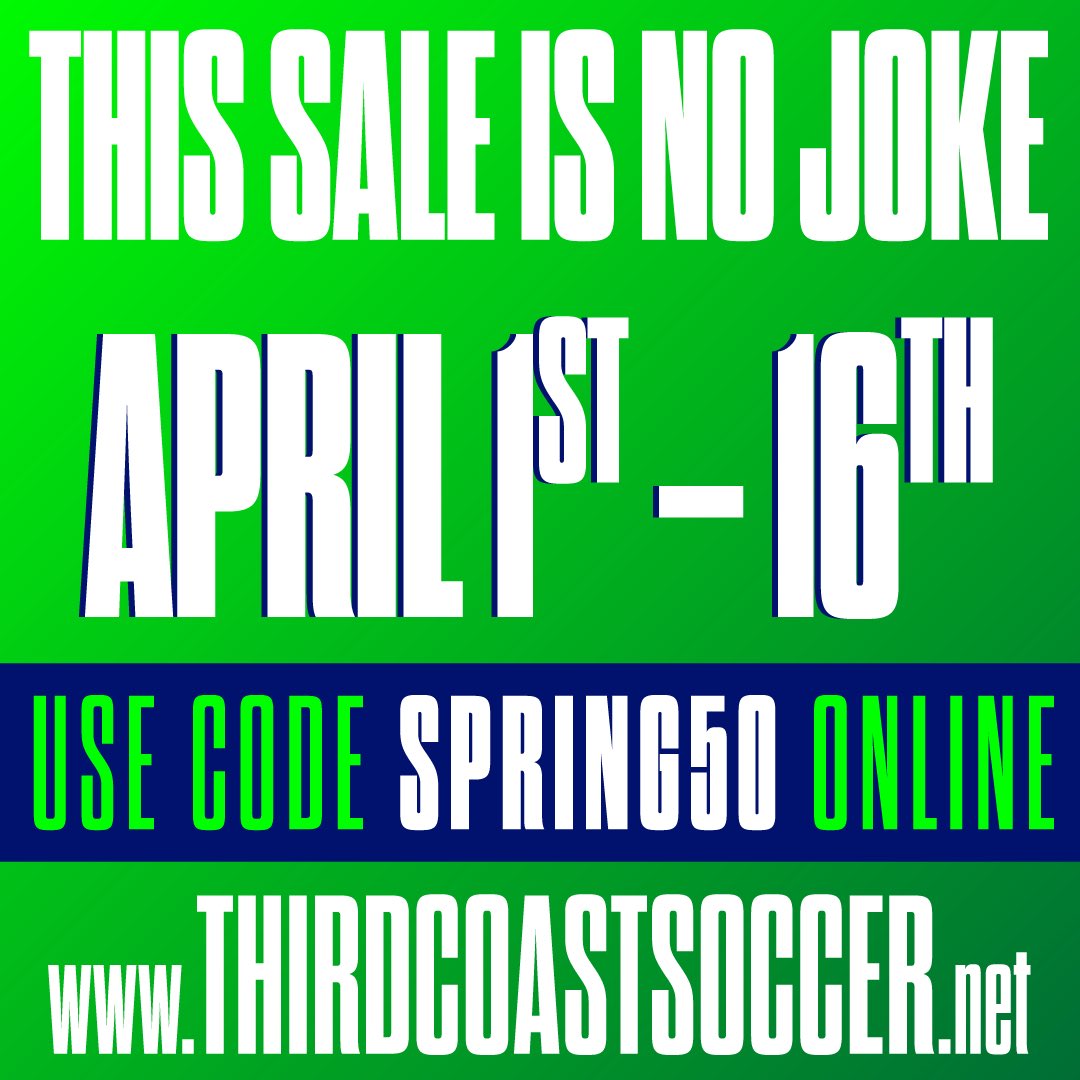 3rdCoastSoccer's tweet photo. The secret is finally up! Get prepared for one of the biggest sales we've ever had! Starting April 1st, all in-stock items (excluding club and team sales) are 50% off! We are glad to let you guys in on this and we can't wait to see everyone! https://t.co/6123bIhH7K