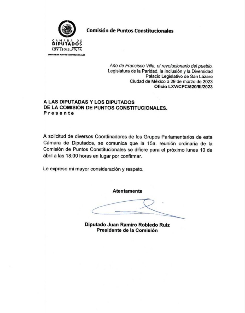 AlvarezMaynez's tweet photo. La presión ciudadana volvió a dar resultados: se pospone la sesión de Puntos Constitucionales en la que se iba a dar un golpe mortal al Tribunal Electoral.

¡No permitamos esta regresión. Ni hoy, ni el lunes 10 de abril cuando muchas personas sigan de vacaciones! https://t.co/tAQEkq4VUW