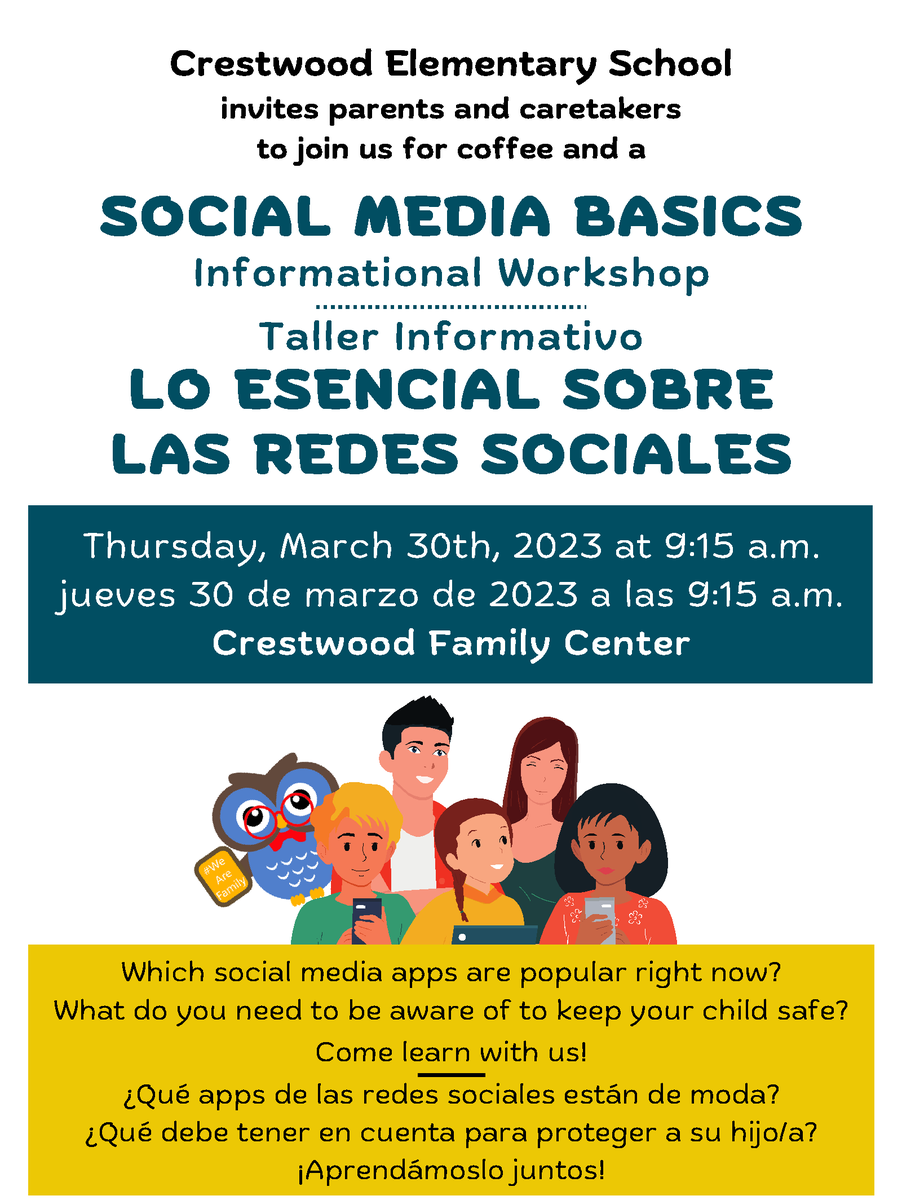 CrestwoodElem's tweet photo. Please join us tomorrow for coffee and a workshop on Social Media Basics. All parents and caretakers are invited!
Tomorrow, Thursday March 30, 2023 from 9:15-10:00 AM in the Crestwood Family Center! https://t.co/ay7WhgRXzw
