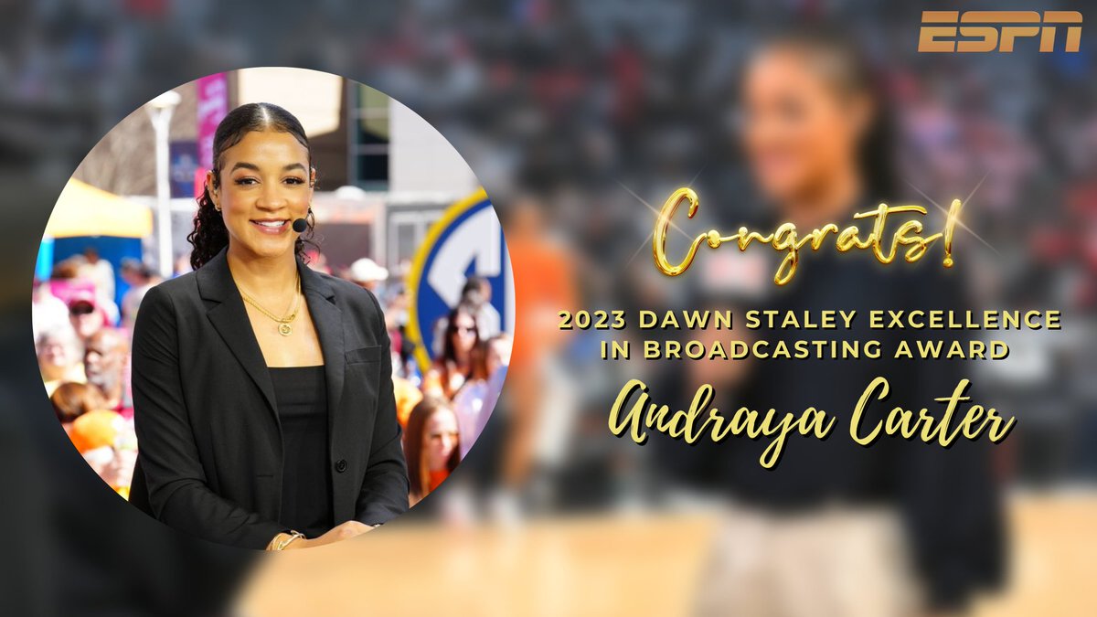 Congratulations to ESPN &amp; <a href="/SECNetwork/">SEC Network</a> analyst &amp; reporter <a href="/Andraya_Carter/">Andraya Carter</a>, recipient of the 2023 <a href="/dawnstaley/">dawnstaley</a> Excellence in Broadcasting Award 👏