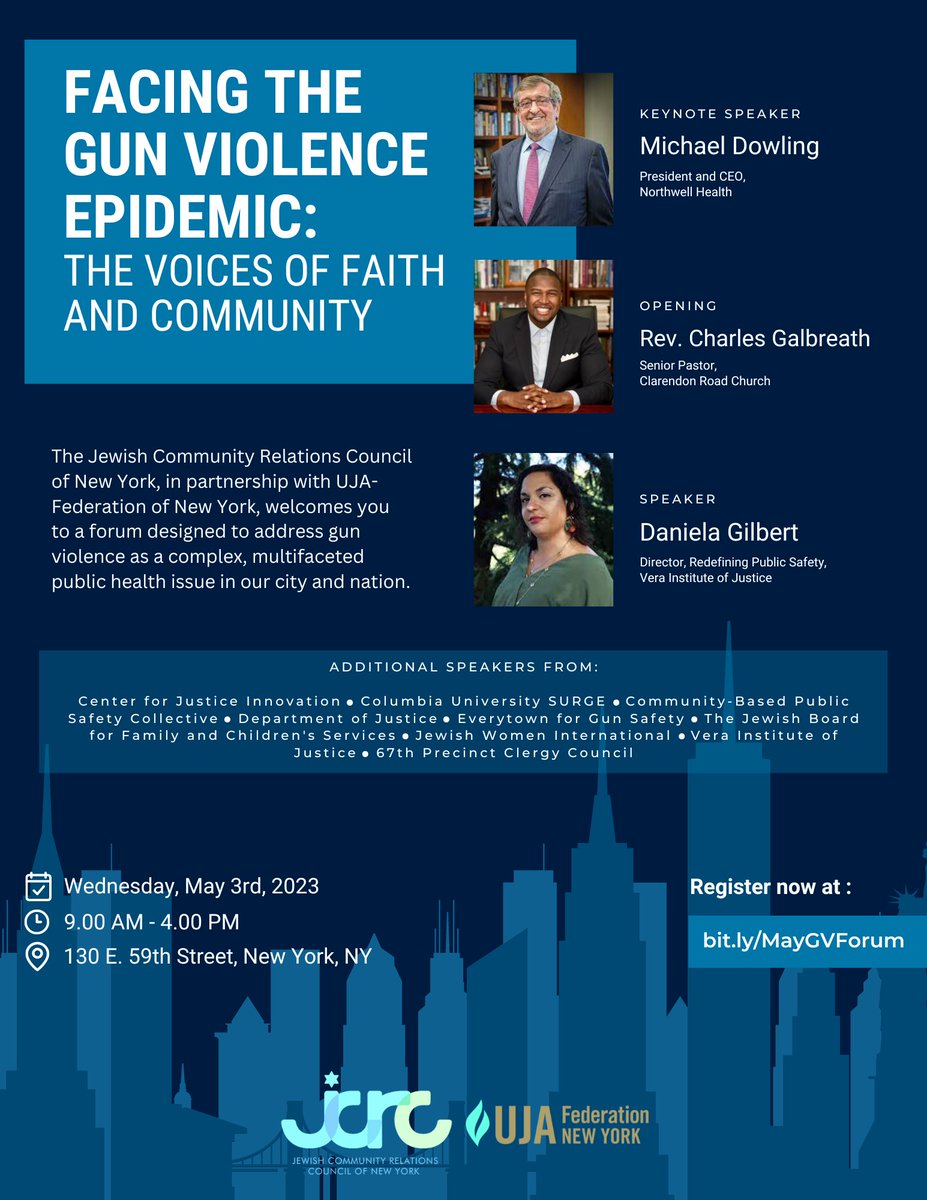 Join us on May 3rd for a forum on #GunViolence featuring @NorthwellHealth @67ClergyCouncil @verainstitute @Everytown @innovjustice @rabbicreditor and more Register here: bit.ly/MayGVForum