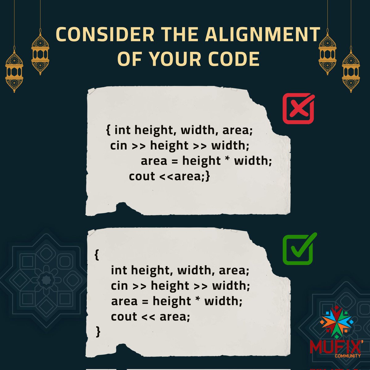 MUFIXCommunity's tweet image. وتاني " Rule" معانا عشان تخلي الـ "Code" بتاعك "Clean" هي أنك
تحاول تاخد بالك من الـ " Spaces" بين الجمل وقت كتابة الـ" Code" عشان يبقي واضح أكتر ليك ولغيرك لما ترجع ليه مره تانية ✅
#Clean_code
#MUFIX_Community
