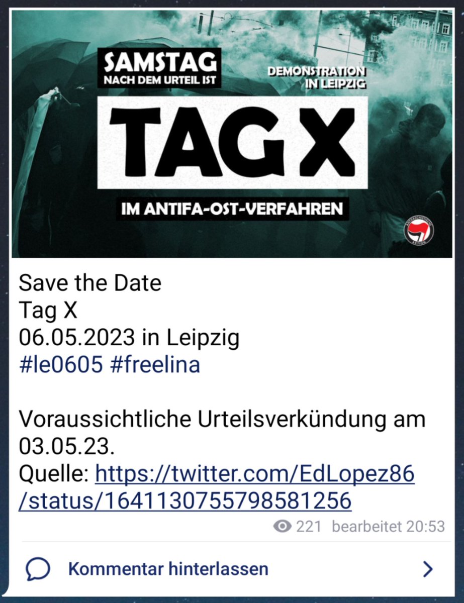 Kati2421's tweet photo. Während dessen Faschos weiterhin Antifaschist*innen bedrohen, verfolgen, doxen etc. können, kommt es voraussichtlich #dd0305 zur Urteilsverkündung im #AntifaOst Prozess.
#TagX #freelina #le0605
Quelle Foto:
https://t.co/4OdlWtdv2y https://t.co/K7utIf1fLt
