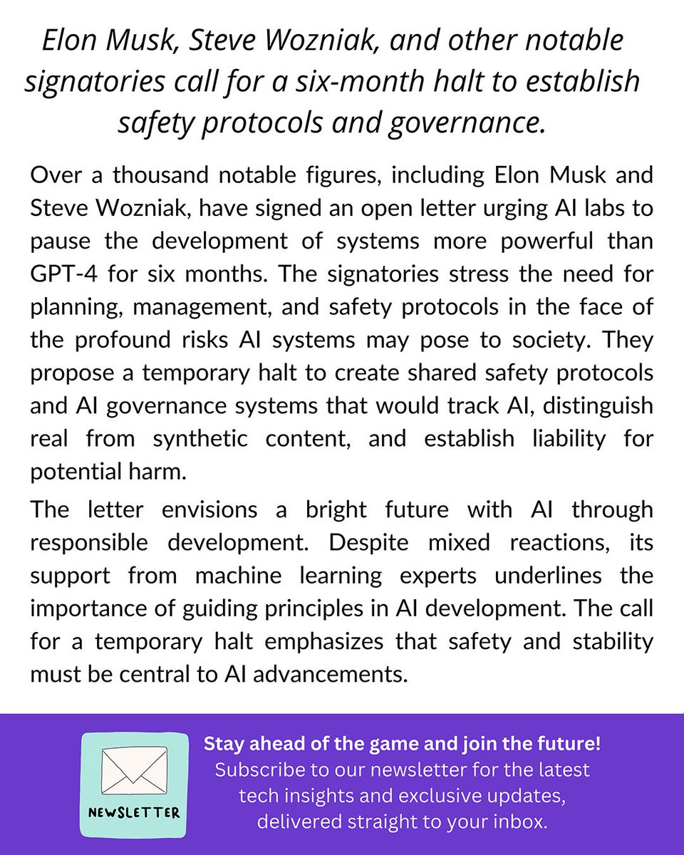 DigitalDuds_'s tweet photo. 🤖🚀 Elon Musk, Steve Wozniak &amp; 1000+ signatories call for a 6-month pause on advanced #AI development to establish safety protocols &amp; governance. Can we strike a balance between innovation &amp; responsibility? #AISafety #ArtificialIntelligence #ElonMusk #OpenLetter #DigitalDuds https://t.co/dPdnQZb7mk
