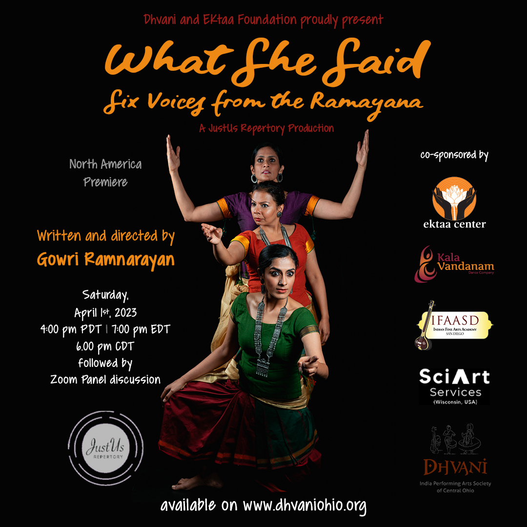 . @kalavandanam is proud to co-sponsor the live-streaming of JustUs Repertory's acclaimed 'What She Said'.

Want to watch for free? DM for details (must be following)

#ramayana #theater #livestream #indianepics