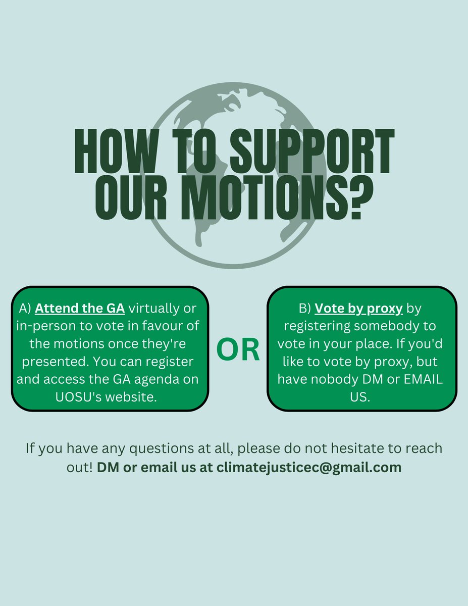 Come out and vote to pass CJCUO motions for climate justice at the University!

Link to register for the GA, vote via proxy and to the agenda: seuo-uosu.com/general-assemb…