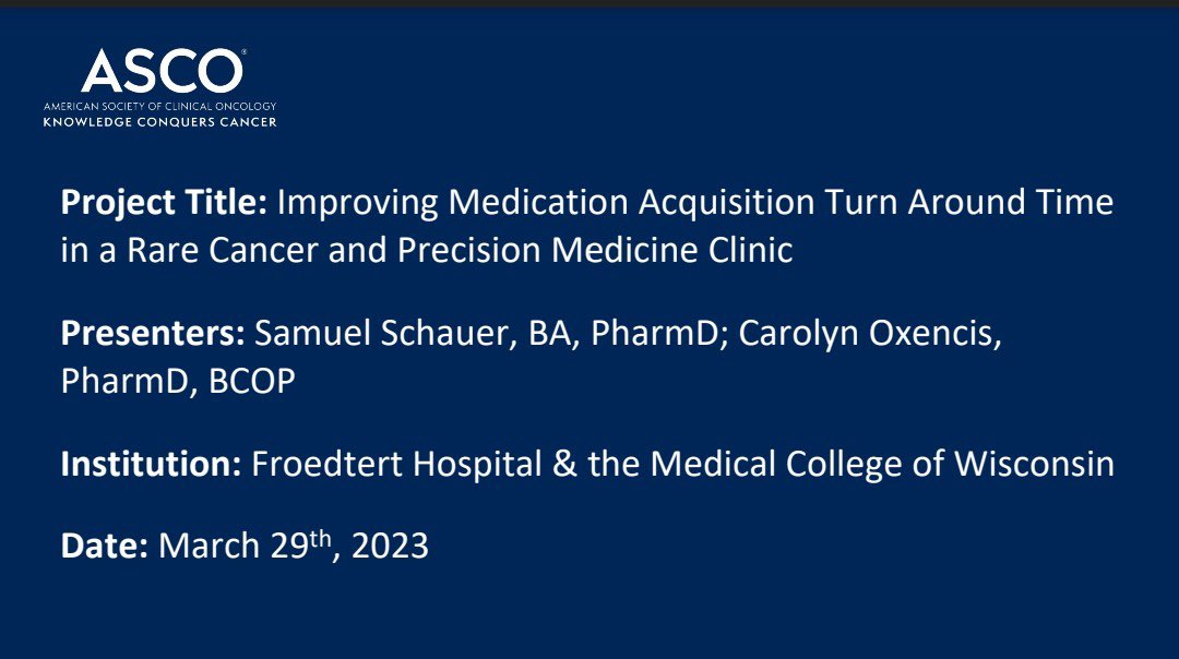 FMCWPharmRes's tweet photo. Shoutout to one of our PGY1 Acute Care residents @SAMvastatin for presenting his project "Improving Medication Turnaround Time in a Rare Cancer and Precision Medicine Clinic" at the 22-23 HOPA/ASCO Quality Training Program in Phoenix, AZ! https://t.co/pUBWMzWeD1