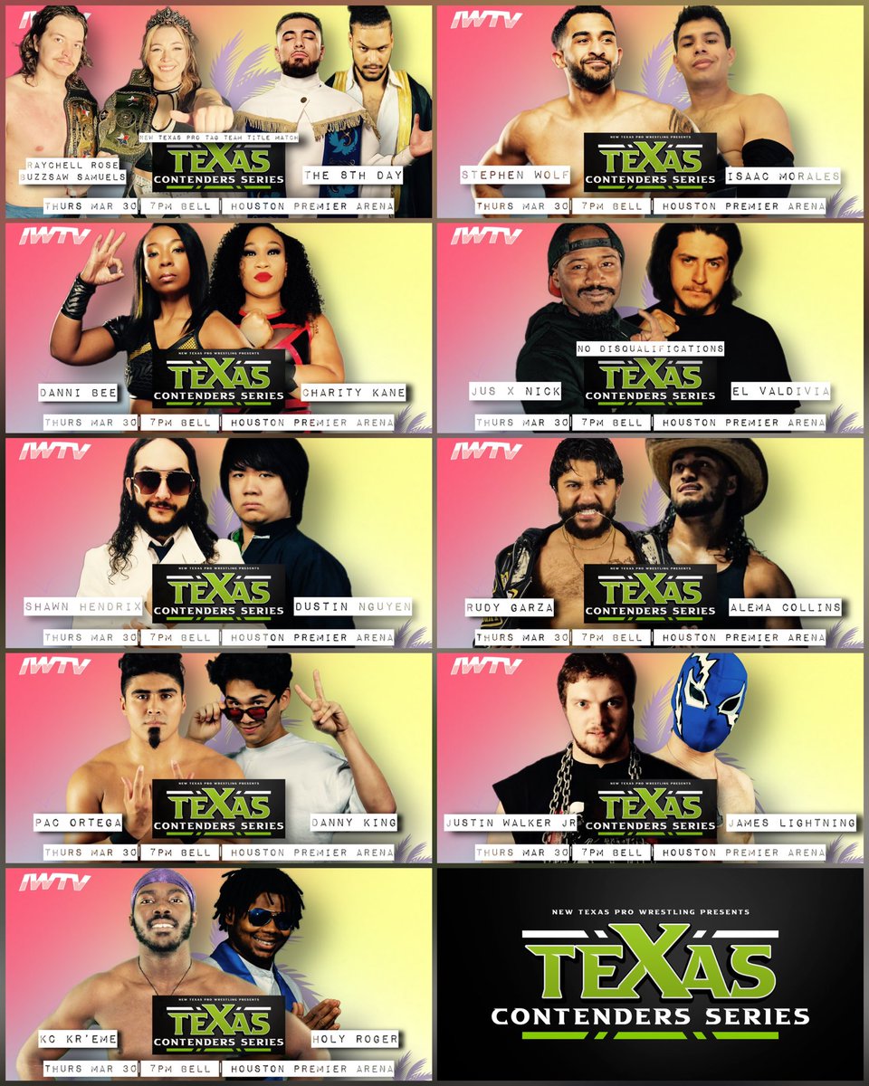 texascontenders's tweet photo. 🚨TOMORROW NIGHT🚨

#TCS15 • 3/30 • 7PM
Houston Premier Arena 

Streaming live on @indiewrestling 

Rose/Buzzsaw v 8th Day
Wolf v Isaac
Bee v Charity
Nick v El 
Hendrix v Nguyen
Walker Jr v Lightning 
Ortega v King
Kr’eme v Roger
Garza v Alema

🎟️: https://t.co/KCMACk1S7m https://t.co/UtCBtBhoQR