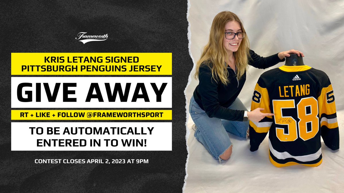 Frameworth (@frameworthsport) on Twitter photo 🚨GIVE AWAY ALERT!🚨
RT + Like + Follow <a href="/FrameworthSport/">Frameworth</a> for a chance to WIN this KRIS LETANG SIGNED PITTSBURGH PENGUINS JERSEY!🐧
The winner will be randomly selected after Letang plays in his 1000th NHL game on Sun. April 2!
#FwSports #PittsburghPenguins #SportsMemorabilia 🚨GIVE AWAY ALERT!🚨
RT + Like + Follow <a href="/FrameworthSport/">Frameworth</a> for a chance to WIN this KRIS LETANG SIGNED PITTSBURGH PENGUINS JERSEY!🐧
The winner will be randomly selected after Letang plays in his 1000th NHL game on Sun. April 2!
#FwSports #PittsburghPenguins #SportsMemorabilia