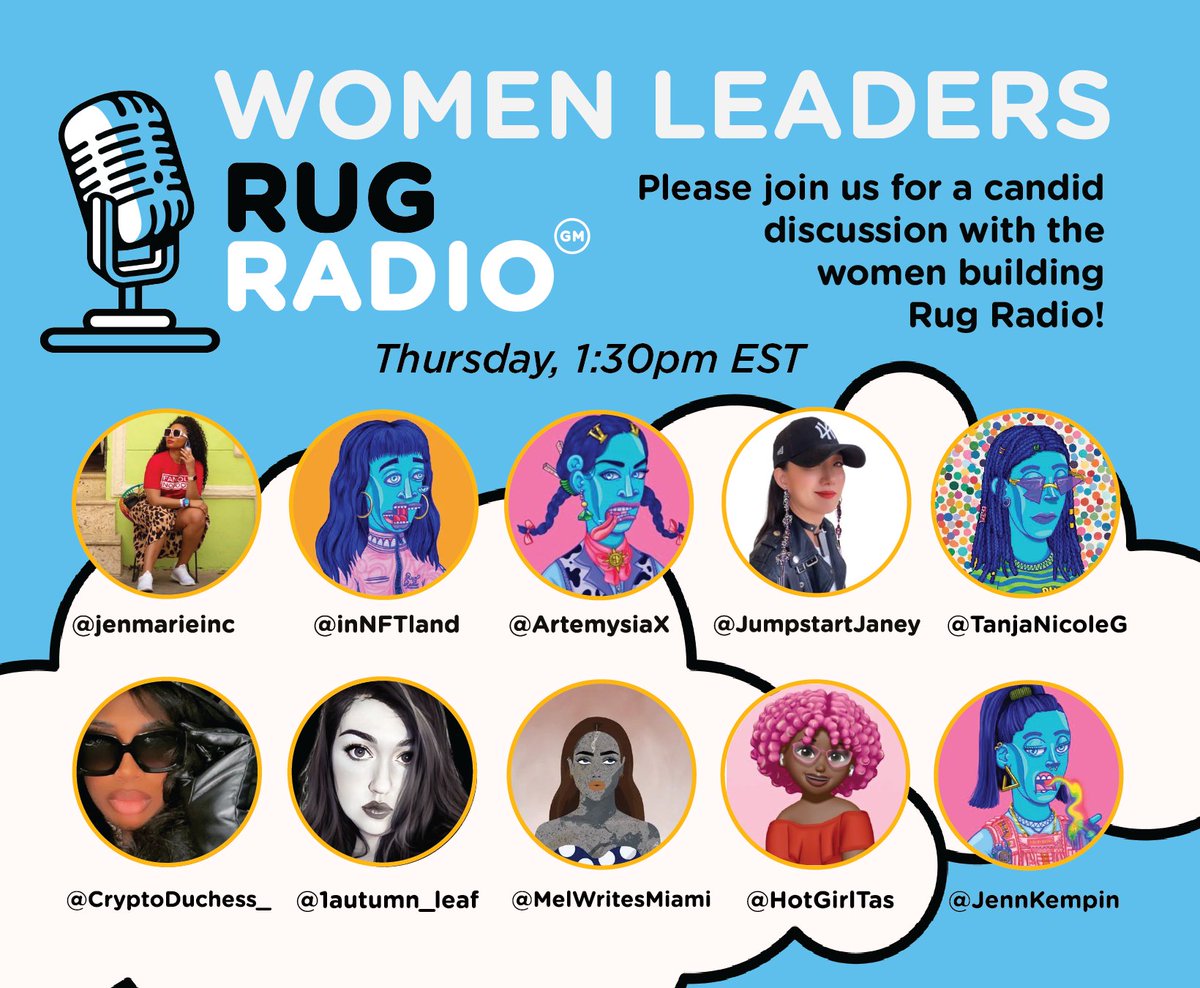 Do you know the women leading Rug Radio?

Please join us tomorrow for a candid discussion with:

<a href="/jenmarieinc/">JenMarie.shefi.eth.dcl.base.sol</a>
<a href="/JennKempin/">Jenn K</a>
<a href="/TanjaNicoleG/">Tanja Nicole</a>
<a href="/1autumn_leaf/">Autumn Phaneuf, MSE</a>
<a href="/CryptoDuchess_/">The Crypto Duchess 📍 HTX</a>
<a href="/inNFTland/">rektAlice🦋</a>
@melwritesmiami
@ArtemysiaX
<a href="/hotgirltas/">taslemat</a>
@JumpstartJaney

Set your reminder! 👉 x.com/i/spaces/1lDGL…