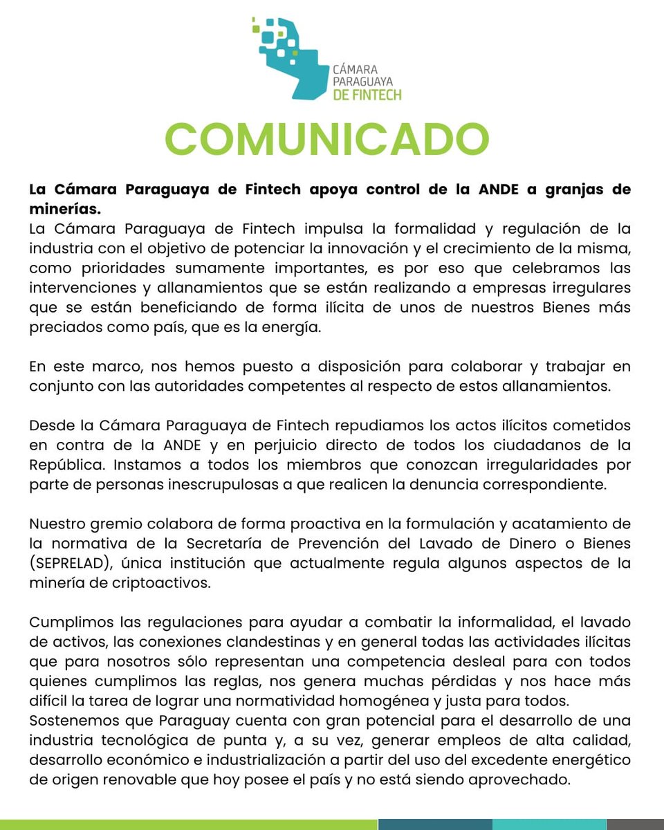 Desde la Cámara Paraguaya de Fintech repudiamos los actos ilícitos cometidos en contra de la ANDE y nos ponemos a disposición para colaborar y trabajar en conjunto con las autoridades.

Por este motivo realizamos este comunicado que expresa lo siguiente ⬇️