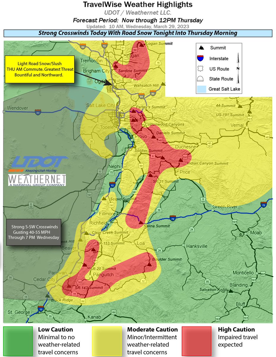 UDOTTRAFFIC's tweet image. Road Weather Alert: gusty southerly winds continue to increase this afternoon. Road snow expected tonight into Thursday. For more info, visit: udot.utah.gov/go/weather #utwx #utsnow #utwind @UtahTrucking