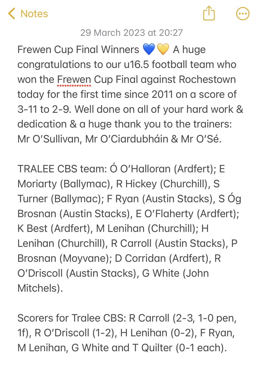 thegreencbs's tweet photo. Frewen Cup Final Winners 💙💛 A huge congratulations to our u16.5 football team who won the Frewen Cup Final against Rochestown today for the first time since 2011 on a score of 3-11 to 2-9. Well done on all of your hard work &amp; dedication &amp; a huge thank you to their trainers 💙💛 https://t.co/G1lwz6aiXP