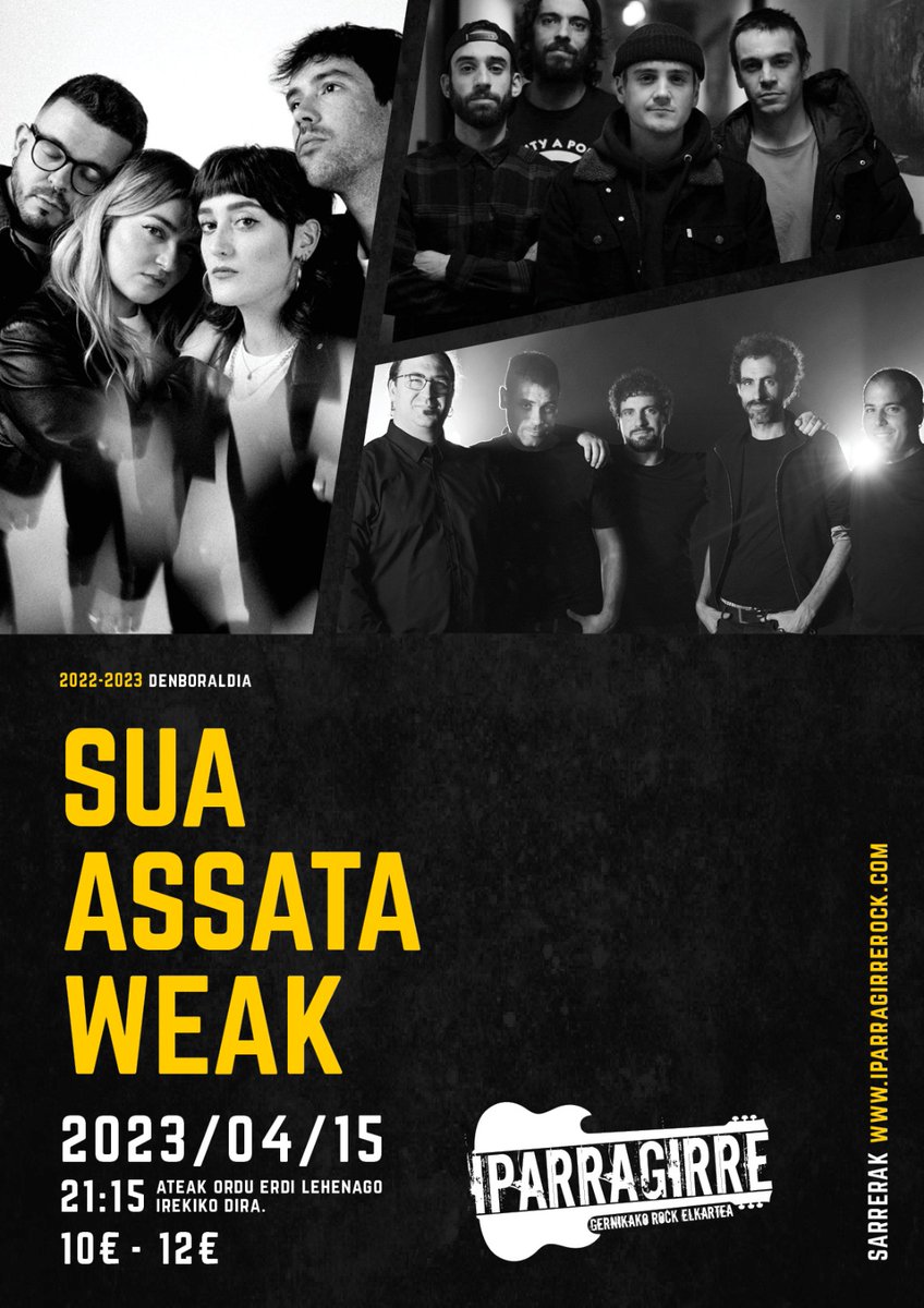 IparragirreRock's tweet photo. 2023/04/15

Kontzertu hirukoitza hurrengoa!

@suataldea  + @assata_taldea  + @weakband 

Sarrerak: https://t.co/CWDpjwSyK8 https://t.co/0xzwBnKLPb