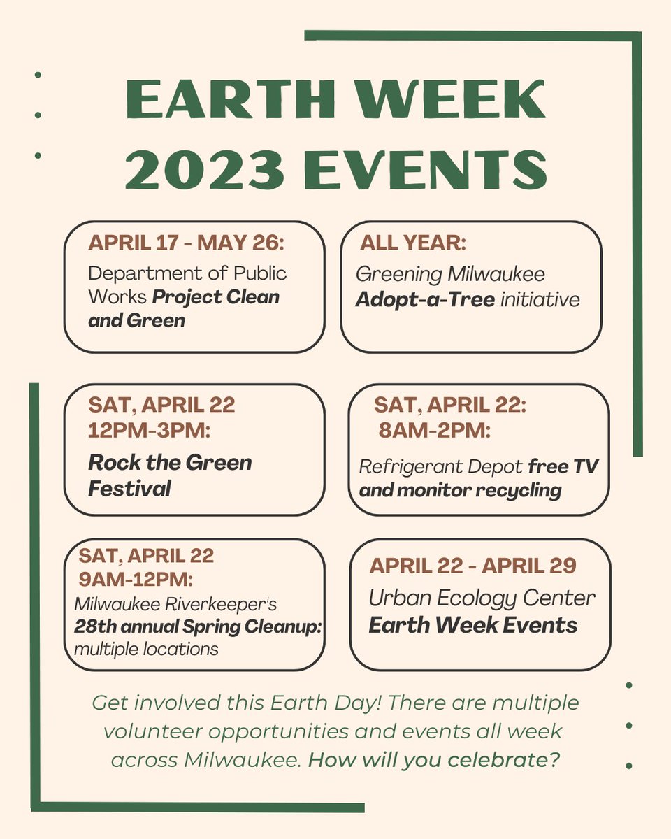 MkeRecycles's tweet image. Happy Earth Week! Here is a short list of events happening this week. How will you celebrate Earth Day?