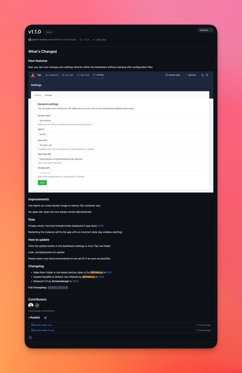 Whats that? A new RunTipi updated dropped! Check out all the change logs for v1.1.0 over on the Github!

github.com/meienberger/ru…

#runtipi #tipi #docker #selfhosted 
#selfhosting