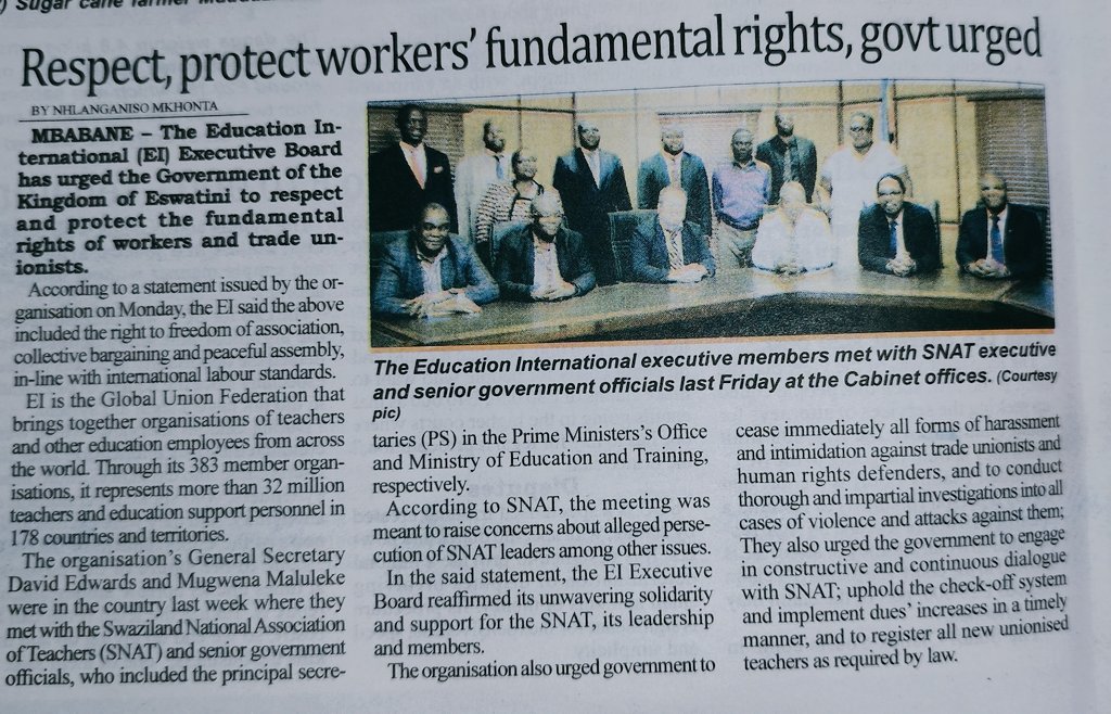 @eduint to @EswatiniGovern1 The message from the High Level Mission: Respect @ilo C87 and 98. Let the SNAT represent and bargain for Teachers without intimidation and denying the right to protest. @Eswatinipolice are used to suffocate Union Activity.