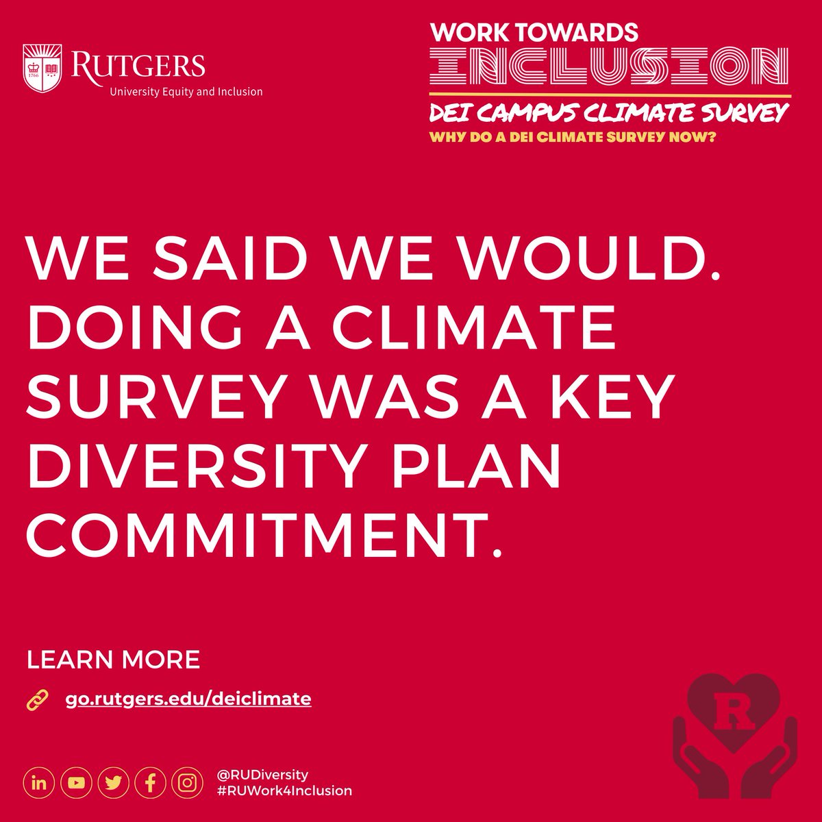 We promised, and we delivered on our words. Doing a <a href="/RutgersU/">Rutgers University</a> DEI Campus Climate Survey was a key commitment from the Diversity Strategic Plan released last year.

📩 Be sure to take it by April 10 via the personalized link in your Rutgers email. 

#RUWork4Inclusion #RUDiversity