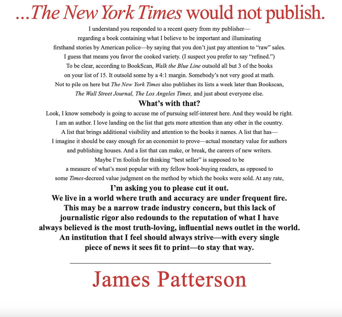 I recently wrote @NYTimes a letter about them cooking the books on their best seller lists. They told my publisher they didn’t rely on just “raw” sales. And they refused to run the letter. But you, dear reader, can read it here. Please spread the word.