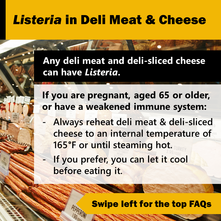 CDCgov's tweet photo. DELI MEAT &amp; CHEESE OUTBREAK: This outbreak is over, but any deli meat and deli-sliced cheese can have Listeria. Share this info with your friends &amp; family who are pregnant, aged 65 or older, or have a weakened immune system. https://t.co/rYJUew6iYX