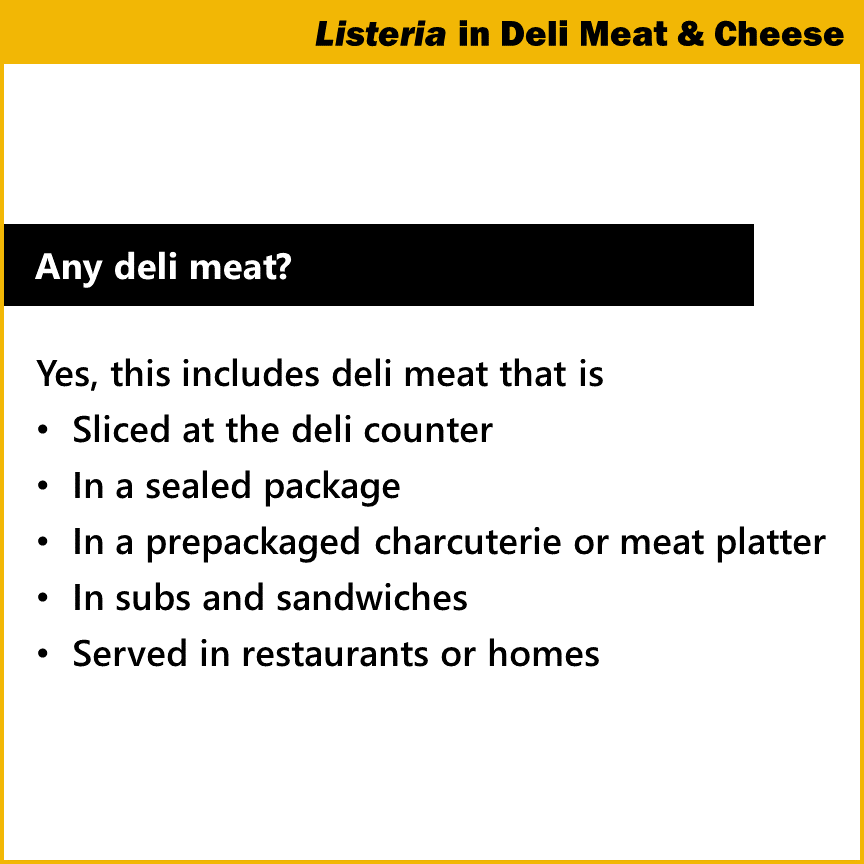 CDCgov's tweet photo. DELI MEAT &amp; CHEESE OUTBREAK: This outbreak is over, but any deli meat and deli-sliced cheese can have Listeria. Share this info with your friends &amp; family who are pregnant, aged 65 or older, or have a weakened immune system. https://t.co/rYJUew6iYX