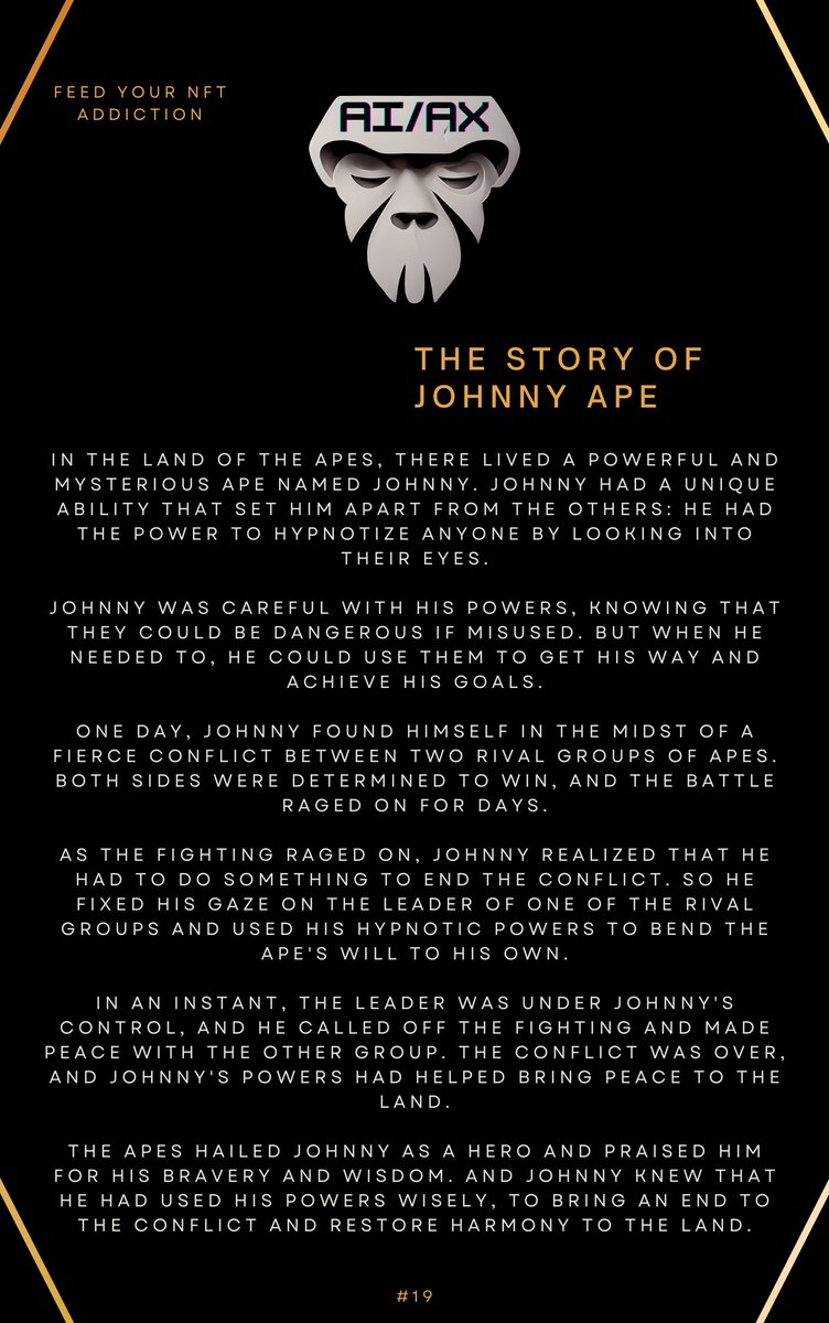 👀 Introducing the mesmerizing story of Johnny Ape! 
Get ready to be captivated by Johnny's hypnotizing eyes as he takes you on a mesmerizing journey 😵‍💫

#AIAX #Story #HOC #NFT