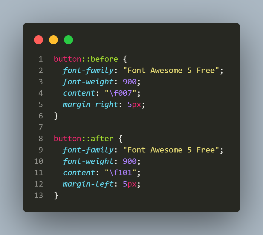 iZeeshanSalam's tweet photo. How to add a Font Awesome icon to a button element using the ::before or ::after pseudo-element:

Note: You first need to include the Font Awesome CSS file in your HTML document.

#csstrick #css #htmlcss #fontawesome #webdevelopers #coders #devhack #csscoders https://t.co/GluBk5mOuj