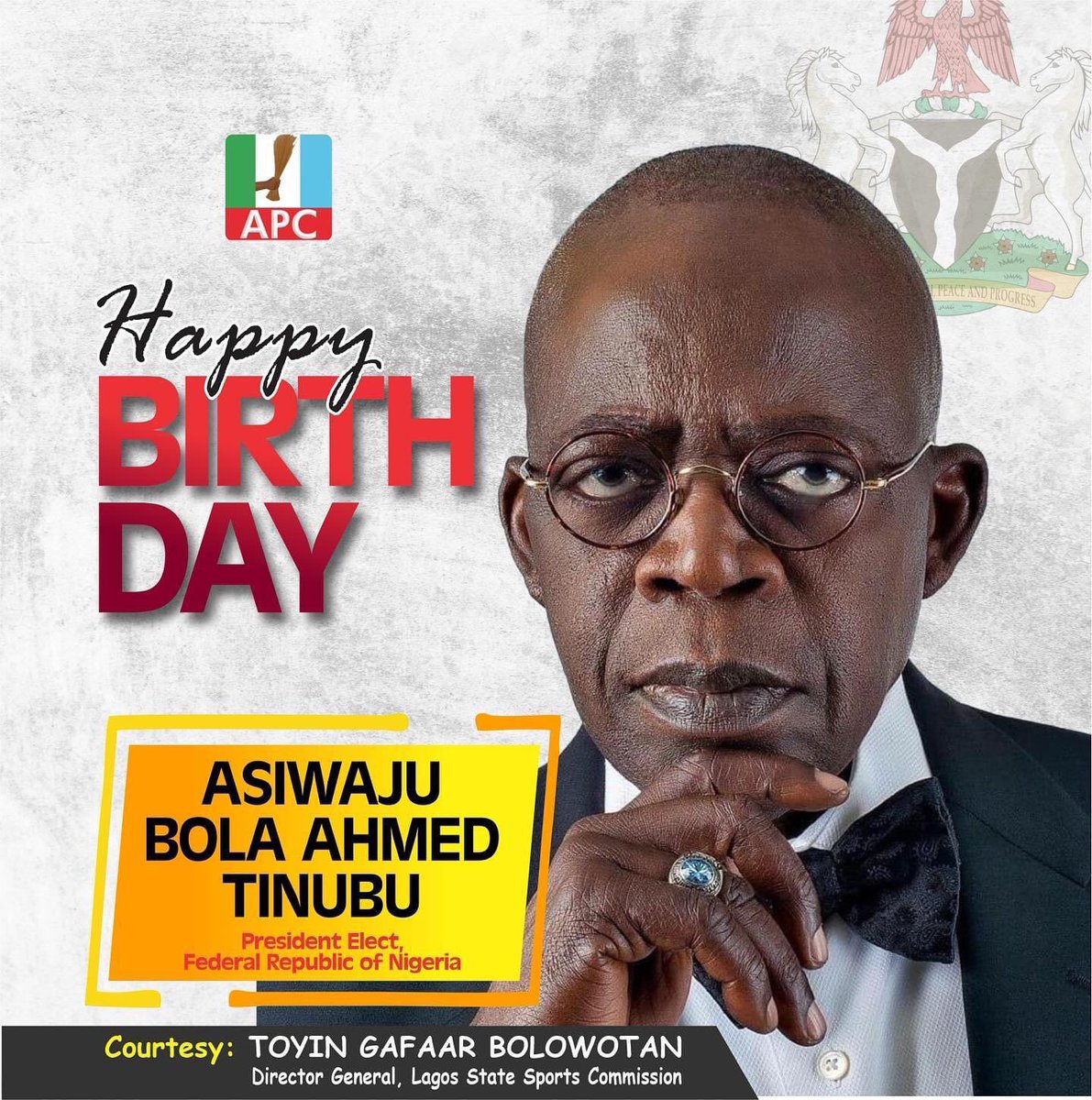 Still celebrating our pathfinder, our pacemaker &amp; Nigeria’s President-Elect, Asiwaju Bola Ahmed Tinubu.

As you celebrate your 71st birthday today, I pray that Nigeria under your leadership shall see peace, unity &amp; progress. 

Happy birthday <a href="/officialABAT/">Bola Ahmed Tinubu</a>!!!