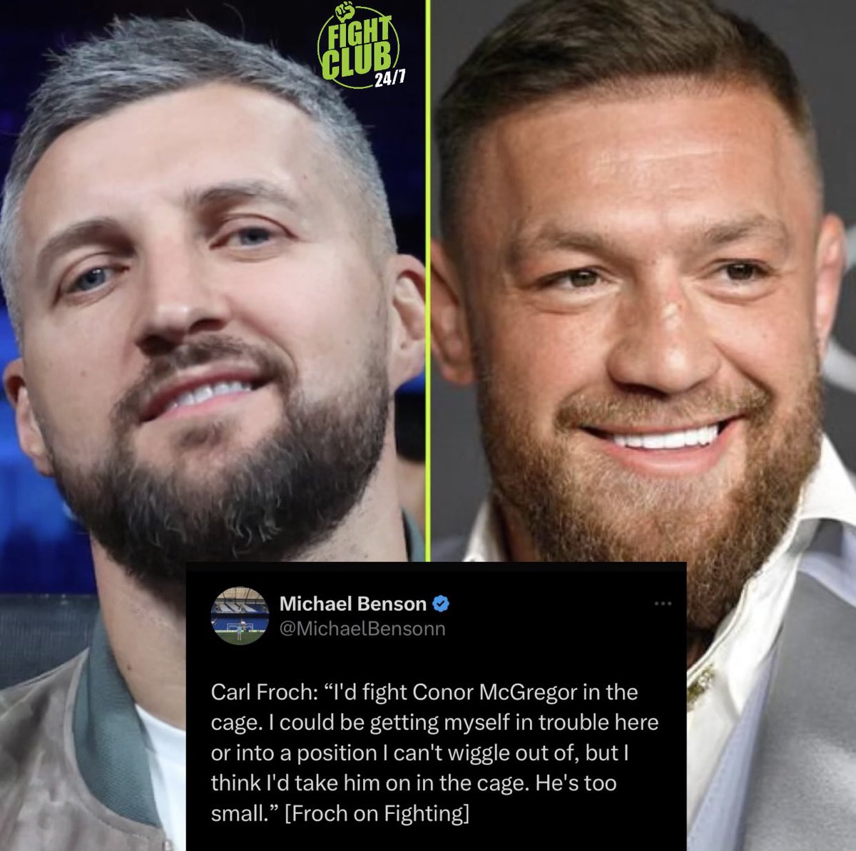 Love Froch, but he wouldn’t last 2 minutes with Conor McGregor in a cage and that’s being kind to the bloke.

#fightclub247 #boxing #ufc #mma #conormcgregor #fighter #carlfroch #carlfroch #forthefans