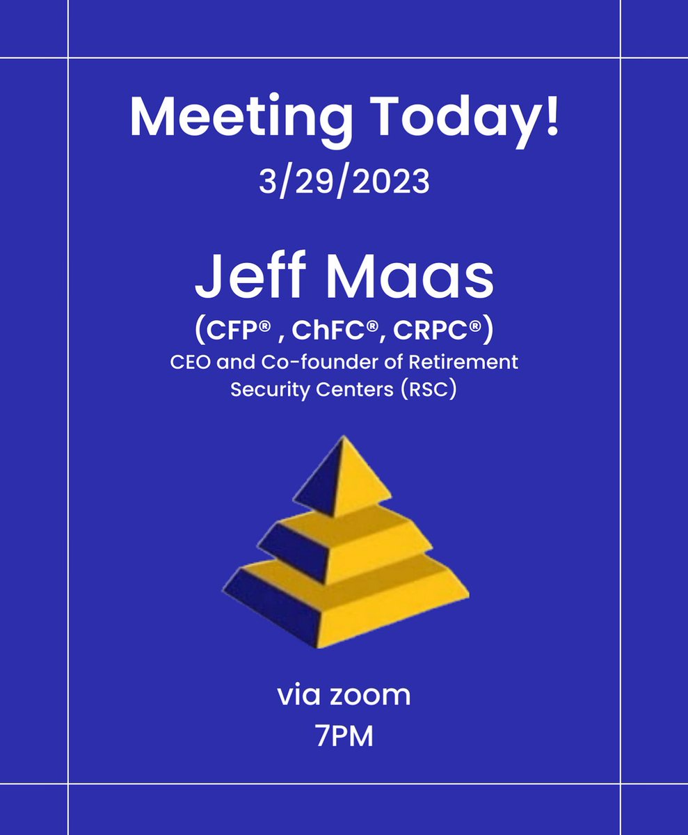 Today we will be hosting Jeff Maas, CEO and Co-Founder of Retirement Security Centers on zoom at 7PM. Jeff leads the Retirement Security Centers which is composed of financial advisors and associates that delivers customized care to over 3000 clients.
csus.zoom.us/j/83766837418