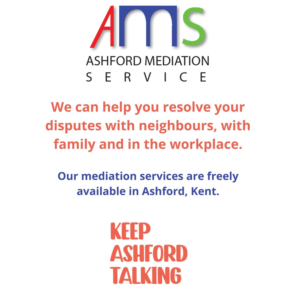 ams_mediation's tweet photo. We can help you resolve your disputes with neighbours, with family and in the workplace.

Our mediation services are freely available in Ashford, Kent https://t.co/BNLvm3I6OO #AshfordMediationService #Mediation #MediationService #KeepAshfordTalking https://t.co/ayShL5KpAQ