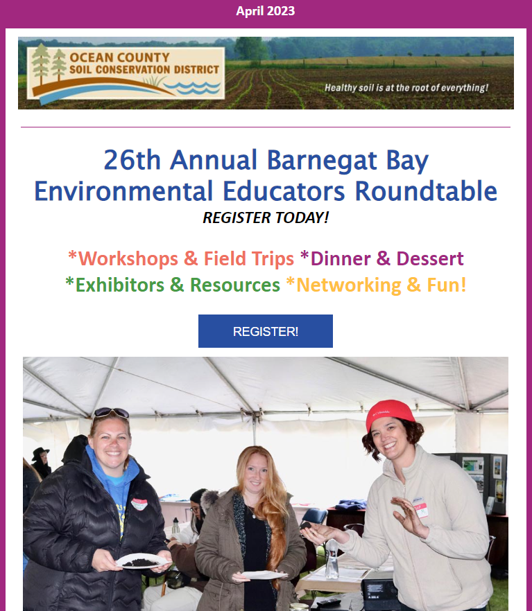 OCSCD's tweet photo. Check out our April newsletter! https://t.co/Qkk0lGgOHJ Come see what all the excitement is about - register for our 26th Annual Barnegat Bay Environmental Educators Roundtable. https://t.co/FlkIO5QEkS  @NACDconserve https://t.co/eiNKBcOevm