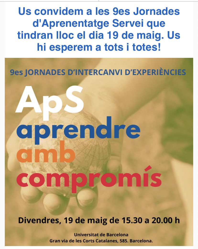 📣 Obertes les incripcions de les 9es Jornades d’Aprenentatge Servei! 
Programa:  aprenentatgeservei.cat/wp-content/upl…

Inscripcions: ub.edu/gidp-matice/fa…