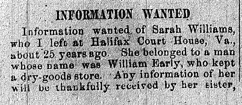 InfoWantedOrg's tweet image. #OnThisDay in 1870, Martha Ann Good was looking for her sister, Sarah Williams. At this point, the two had been separated for 25 years, and had last seen each other at Halifax Court House, VA.
#lastseenproject #BlackHistory #BlackGenealogy #DigitalHistory #Genealogy @NHPRC