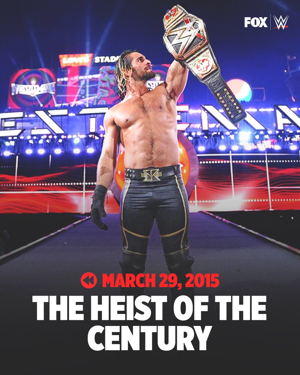 WWEonFOX's tweet photo. 8 years ago, @WWERollins successfully pulled off the heist of the century!

#WrestleMania https://t.co/uwM4zlIcsN