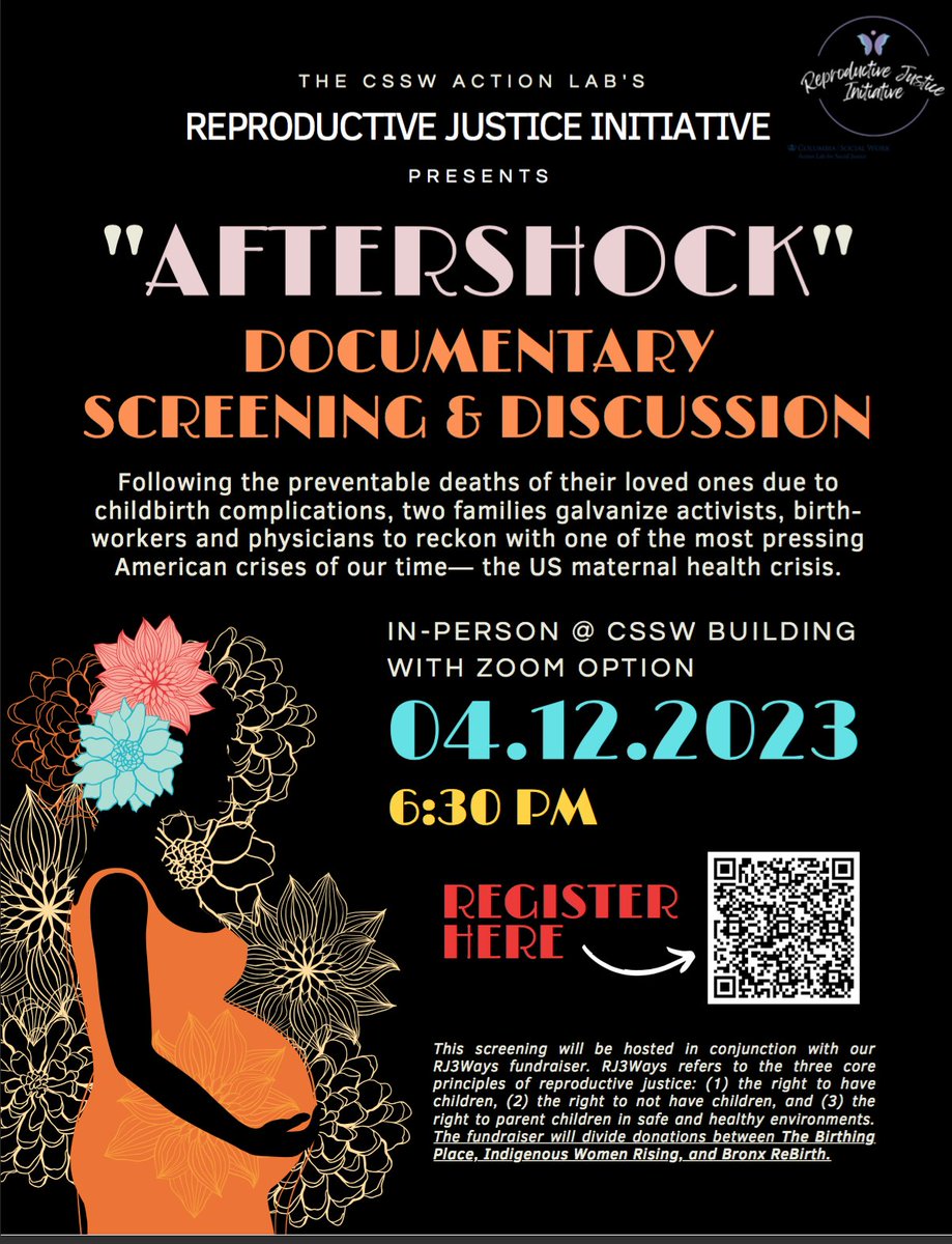 ReproJusticeCU's tweet image. We are so excited to be hosting a screening and discussion of aftershock, an amazing documentary that includes the story of the founding of @BirthingPlaceBx food will be served! 
Please RSVP: forms.gle/LpzL2wxsubx3WH…

#reproductivejustice #columbiaschoolofsocialwork #aftershock
