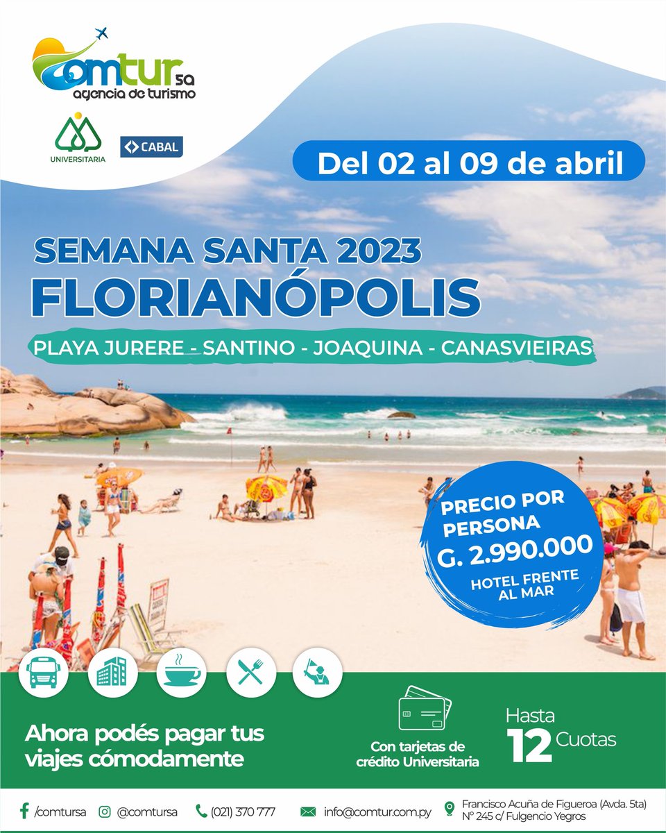 PyUniversitaria's tweet photo. ¡En esta SEMANA SANTA viajá con COMTUR S.A. !
Financiá con tus #TarjetasDeCréditoUniversitaria 💳✅ hasta 12 cuotas sin intereses, también podés solicitar un #CréditoUniversitaria con tasas especiales 😎😁
Informes al 📞 021371200 📲 https://t.co/oXnPa0lLGq
#Comtur #Viajes https://t.co/LPruyV0YDC