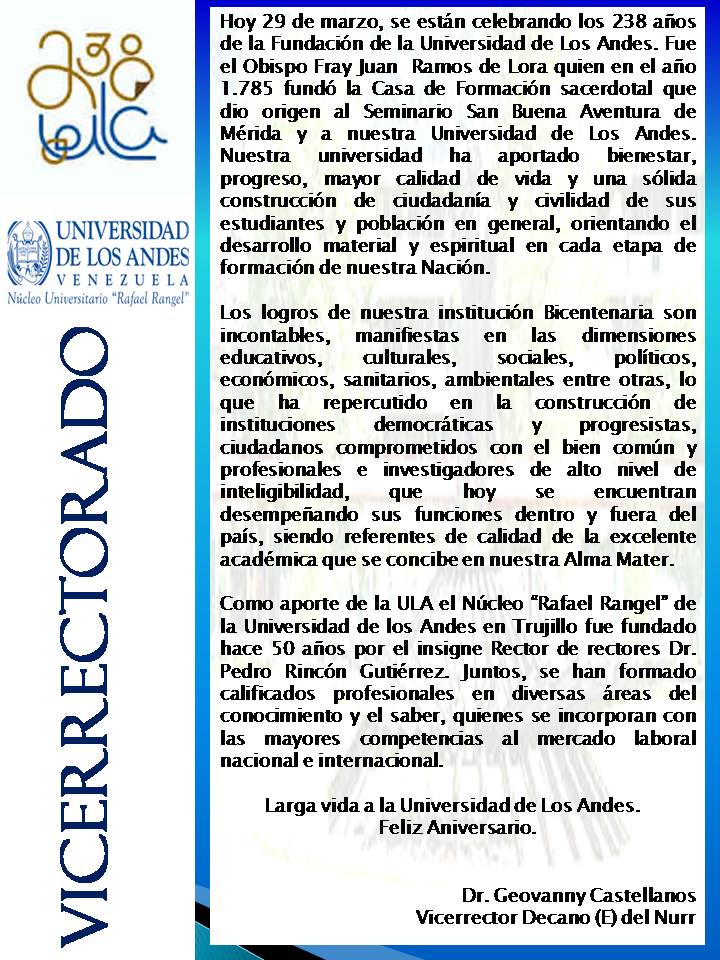 PrensaULANurr's tweet photo. El #Nurr #Trujillo se une al júbilo por el #238Aniversario de la #ULA hoy #29Mar. Los actos centrales se efectuaron con participación de la comunidad universitaria e invitados especiales en #Mérida
#UniVe
#238ULA https://t.co/jlPCIUnMJ6