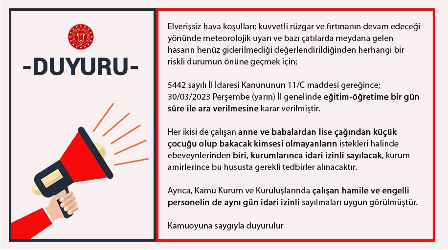 TCMusValiligi's tweet photo. Okulların Tatil Edilmesi Hakkında❗❗

Sevgili çocuklar elverişsiz hava koşulları nedeniyle eğitim-öğretime bir gün ara verilmiştir. 

"Derslerinizi yapmayı ve kitap okumayı ihmal etmeyin" https://t.co/NFK4lraPQw