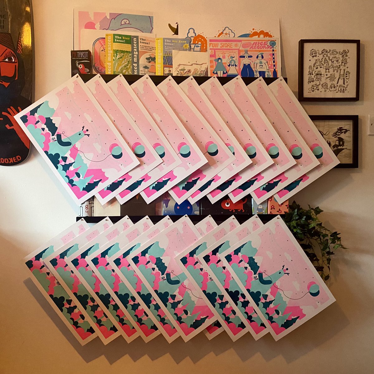 Today I made some new Risograph prints in an untested colour way of mint, pink and teal, nice to stand back and see a fresh edition drying  🥳