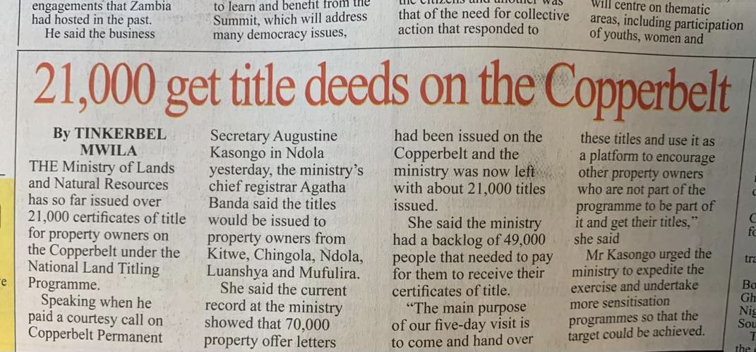 Encouraging progress in Zambia’s Copperbelt Province: 21,000 titles issued; 70,000 offer letters sent so far and more coming soon. <a href="/medici_land_gov/">Medici Land Governance</a> supports the efforts of <a href="/LandsZambia/">Ministry Of Lands- Zambia</a> to expand the Systematic Land Titling Programme