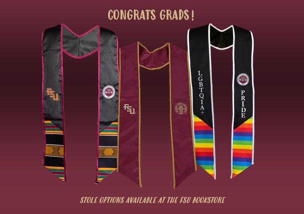 Hey grads‼️Check out our new stole options that are graduation approved! Stop by the FSU Bookstore located in the student union to pick it up! 🎓