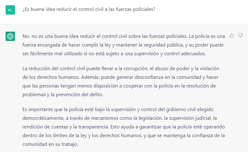 ¿Es buena idea reducir el control civil a las fuerzas policiales? La respuesta de ChatGPT: